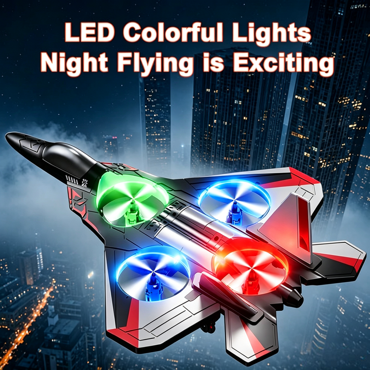 Grey and red jet toy glowing with green, blue and red LED lights above a night-time city skyline. 1