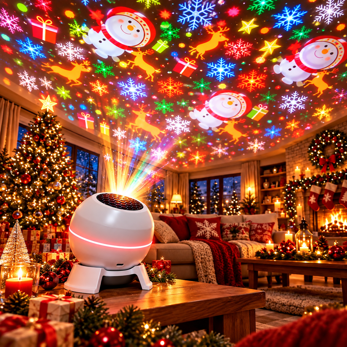 Close view of the white projector with glowing ring on a wooden table, beaming snowmen, reindeer and snowflakes onto the ceiling above a decorated tree. 4