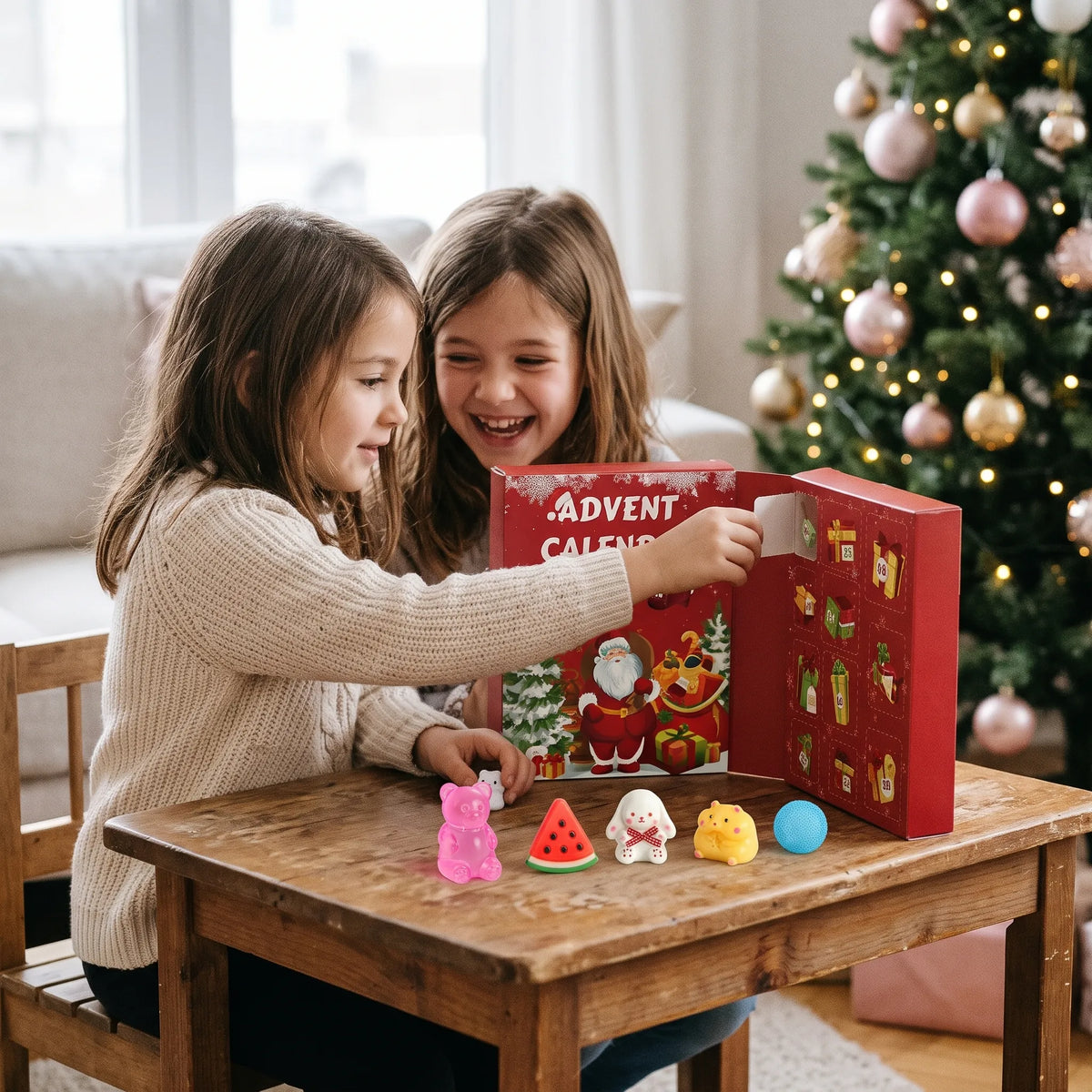 Two smiling girls open a door of the red advent box beside a Christmas tree 1