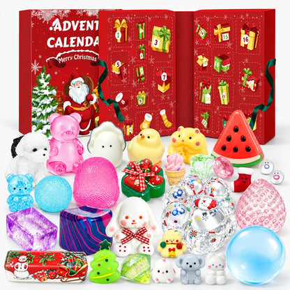 Open red advent box with numbered doors and all the small squishy toys laid out in front 2
