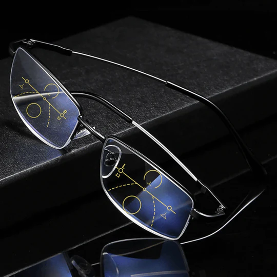 Black half-rim glasses angled on a dark surface, with blue-tinted lenses showing progressive zone markings 10