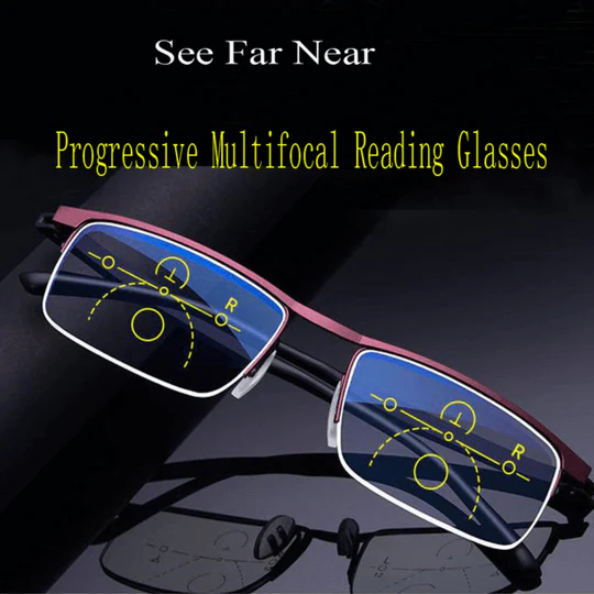 Half-rim glasses with a reddish frame, showing the yellow progressive lens zone outlines against a dark background 2