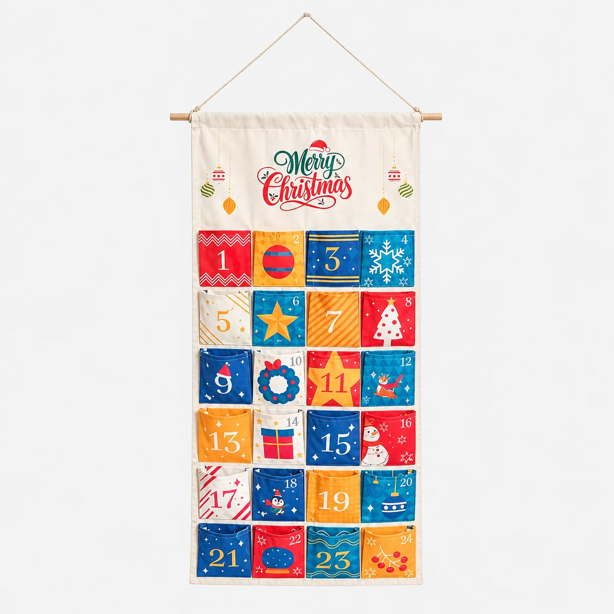 Hanging canvas calendar with 24 colourful numbered pockets in red, orange and blue patterns, shown against a plain white background. 2