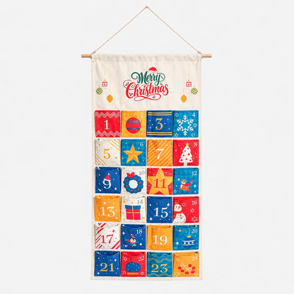Hanging canvas calendar with 24 colourful numbered pockets in red, orange and blue patterns, shown against a plain white background. 2