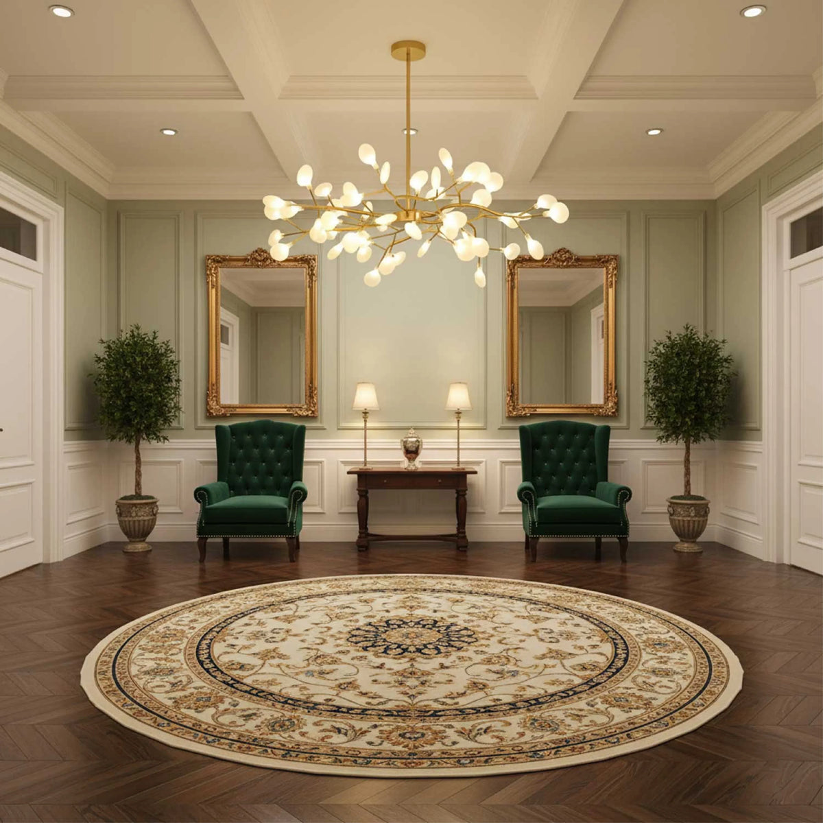 Gold version of the chandelier hanging in a formal hallway with green armchairs and gold mirrors 4