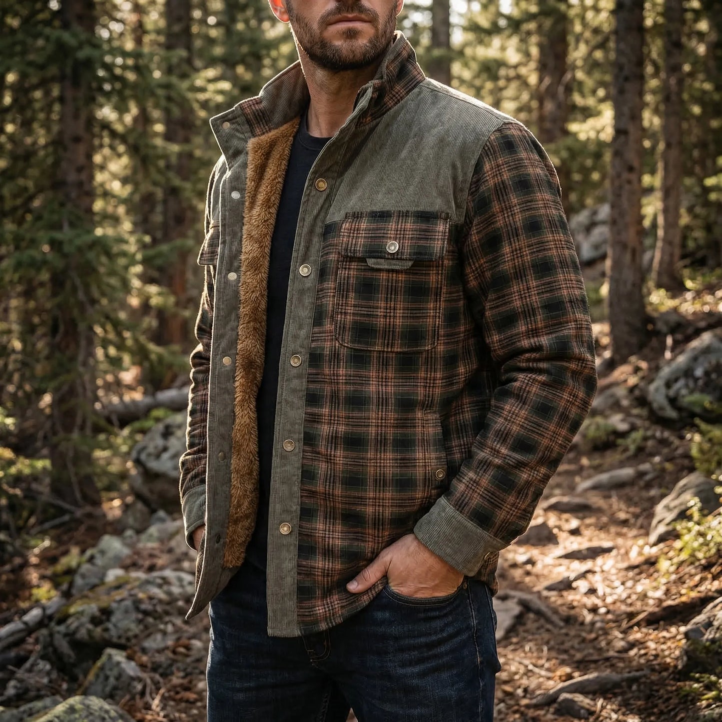 Fleece-Lined Plaid Shirt Jacket For Men - Glenn