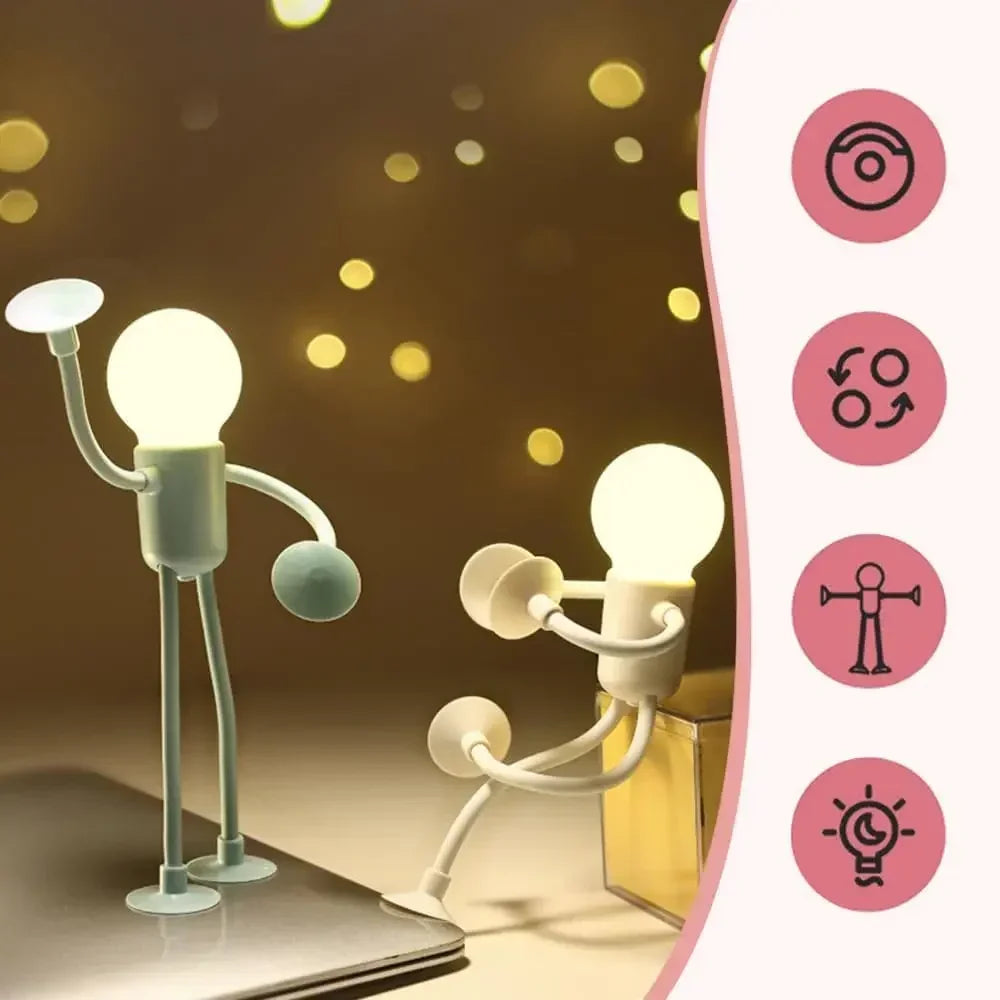 Pale green and cream figure lights glowing in a dim room beside a row of feature icons 10
