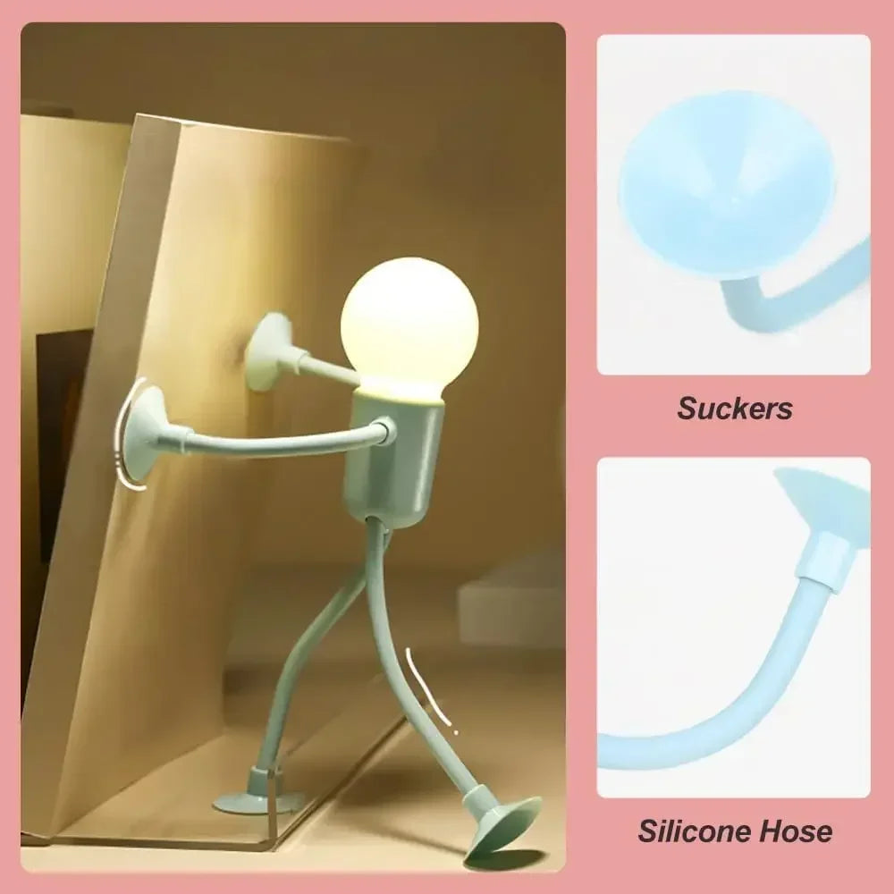 Pale green figure light pushing against a panel, with close-ups of its suction cups and flexible silicone limbs 12
