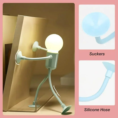 Pale green figure light pushing against a panel, with close-ups of its suction cups and flexible silicone limbs 12