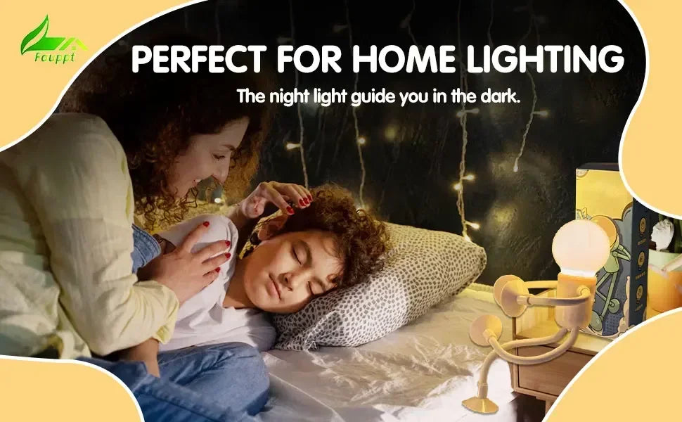 Mother tucking in a sleeping child at bedtime, with a figure light glowing on the bedside table 17