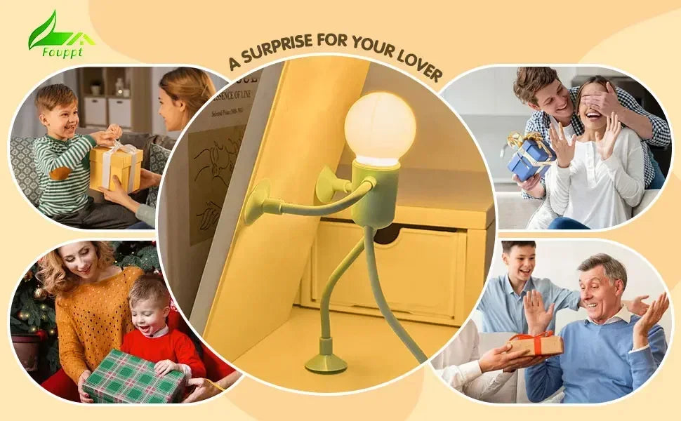 Green figure light pushing against a wall, surrounded by small photos of people opening gifts 22