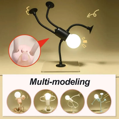 Black figure light balanced in a handstand, with a close-up of the body button and four posing examples 8