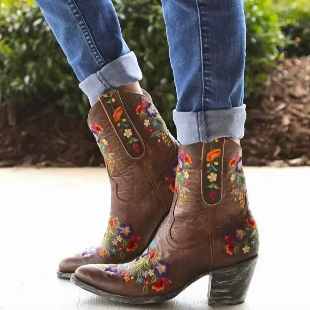 Floral Embroidered Western Ankle Boot - Lisa