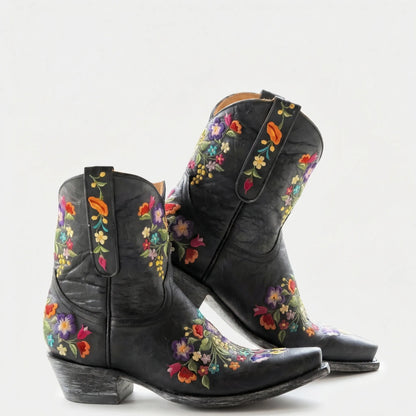 Floral Embroidered Western Ankle Boot - Lisa
