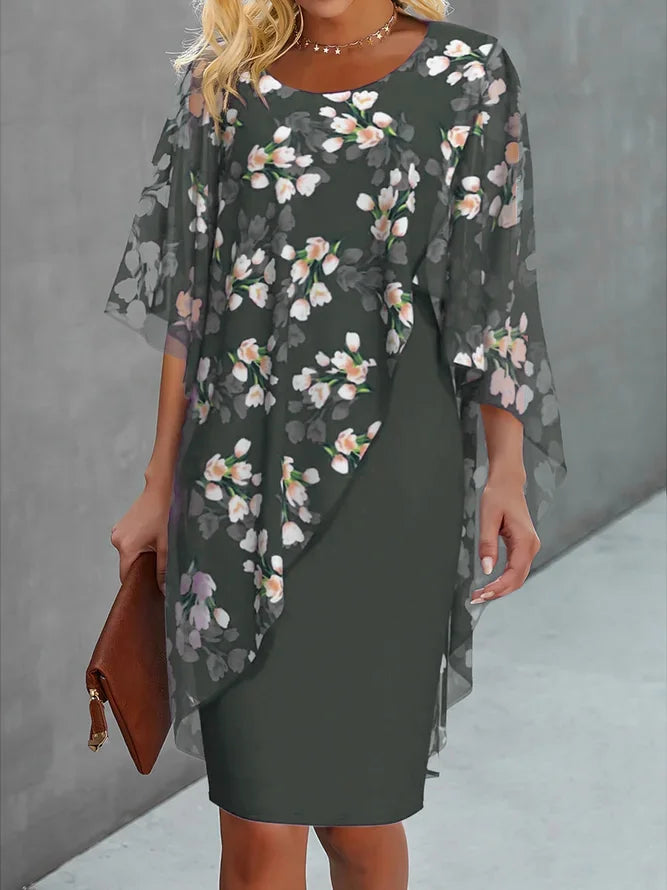 Floral Overlay Layered Midi Dress - Heather
