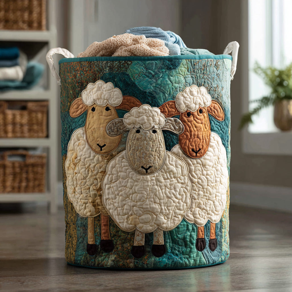 Round teal quilted basket with three appliqué sheep on the front and white handles, filled with towels on a wooden floor. 1