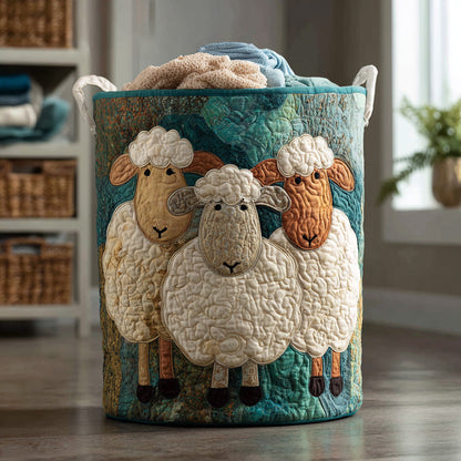 Round teal quilted basket with three appliqué sheep on the front and white handles, filled with towels on a wooden floor. 1