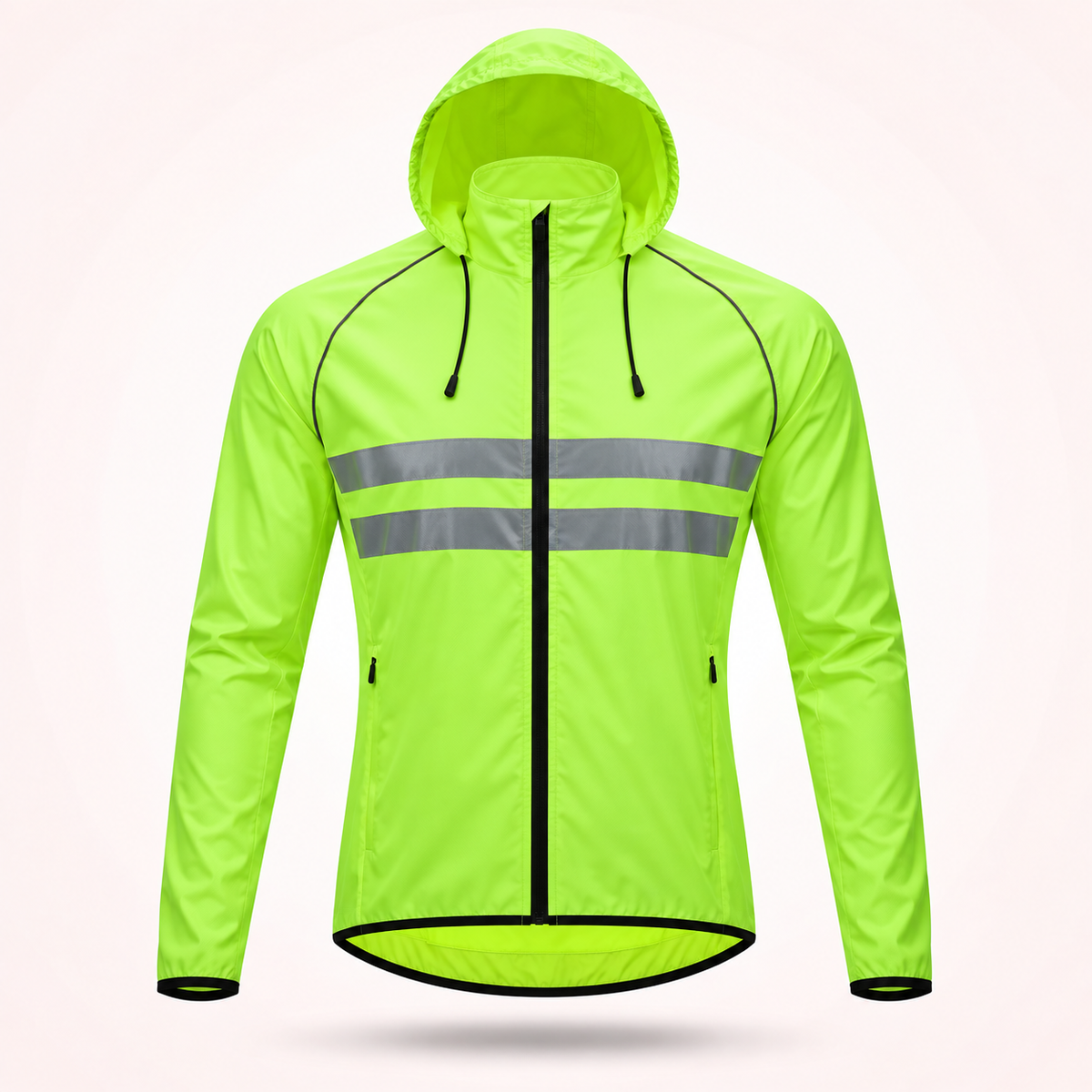 Front view of the fluorescent yellow-green hooded version with drawcord hood, zipped pockets and two reflective chest stripes. 19