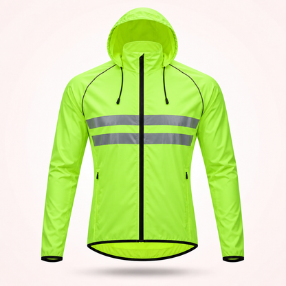 Front view of the fluorescent yellow-green hooded version with drawcord hood, zipped pockets and two reflective chest stripes. 19