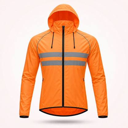 Front view of the bright orange hooded version with drawcord hood, zipped pockets and two reflective chest stripes. 20
