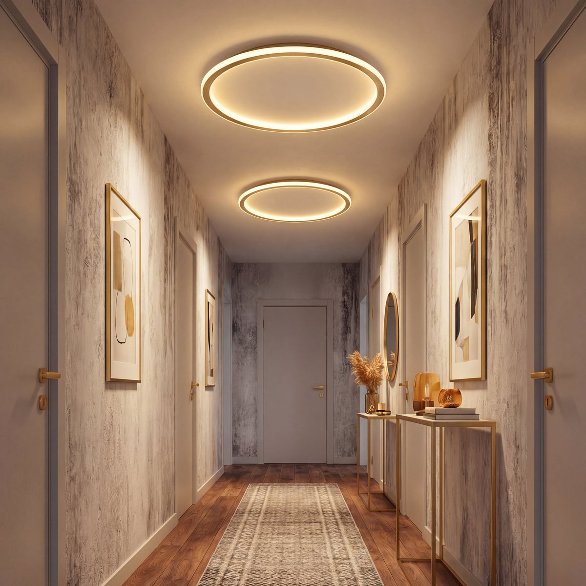 Two gold ring lights lit along a hallway ceiling with framed art and console tables 4