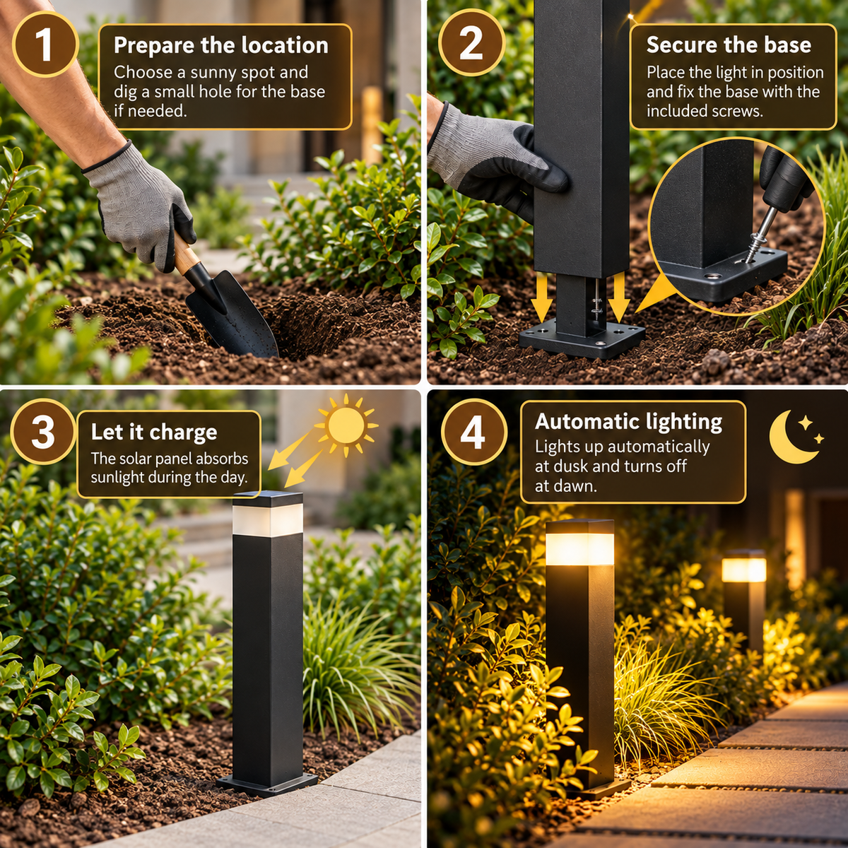Four-step installation guide: digging a hole with a trowel, screwing the base down, the post charging in sunlight, then glowing at dusk. 4