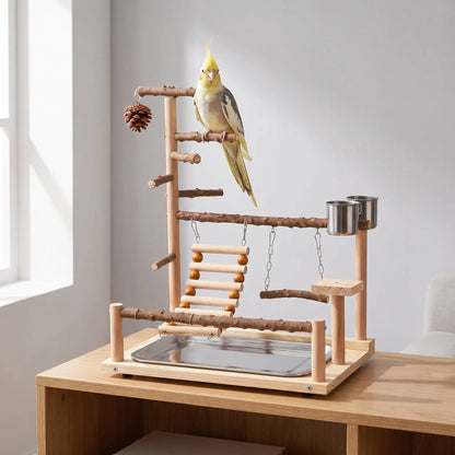 Playground standing on a wooden shelf in a bright room, with a yellow and grey cockatiel perched on the top branch. 2