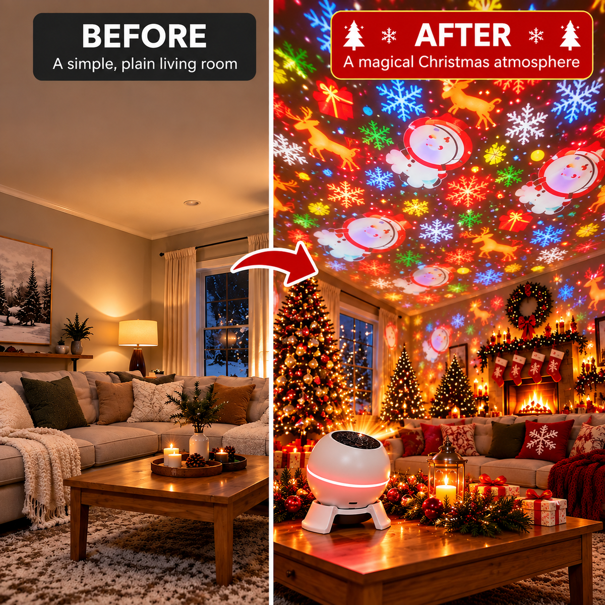 Before-and-after comparison of one living room: plain and softly lit on the left, transformed by colourful projected Christmas motifs on the right. 3