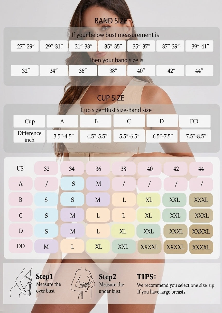 Size guide chart over a faded model photo, showing band size, cup size and size conversion tables. 20