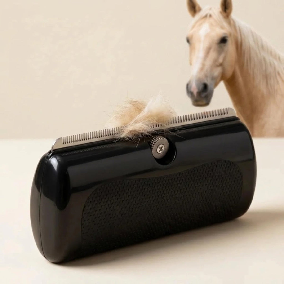 Black handheld grooming tool with a steel-toothed edge holding a tuft of pale hair, a cream palomino horse standing behind it. 1