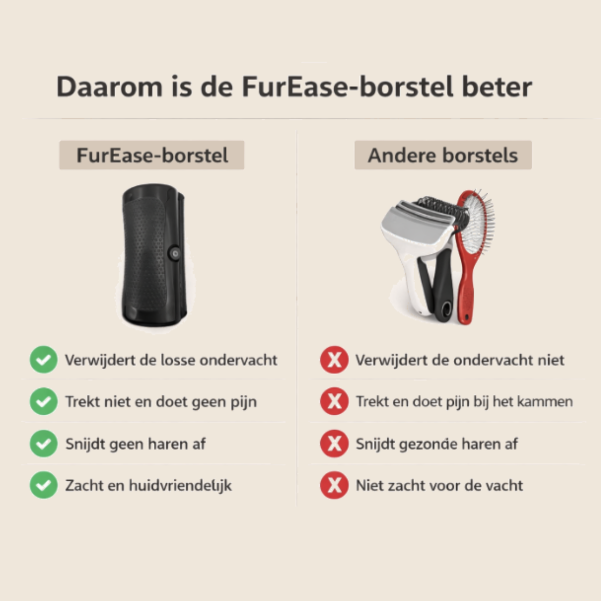 Comparison graphic setting the black brush against bulkier conventional grooming brushes, with ticks and crosses listing the benefits for each. 5