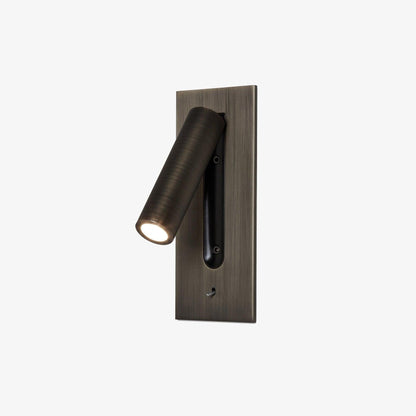 Bronze-finish recessed wall light with rectangular plate, lit swivel tube angled left and toggle switch below 1