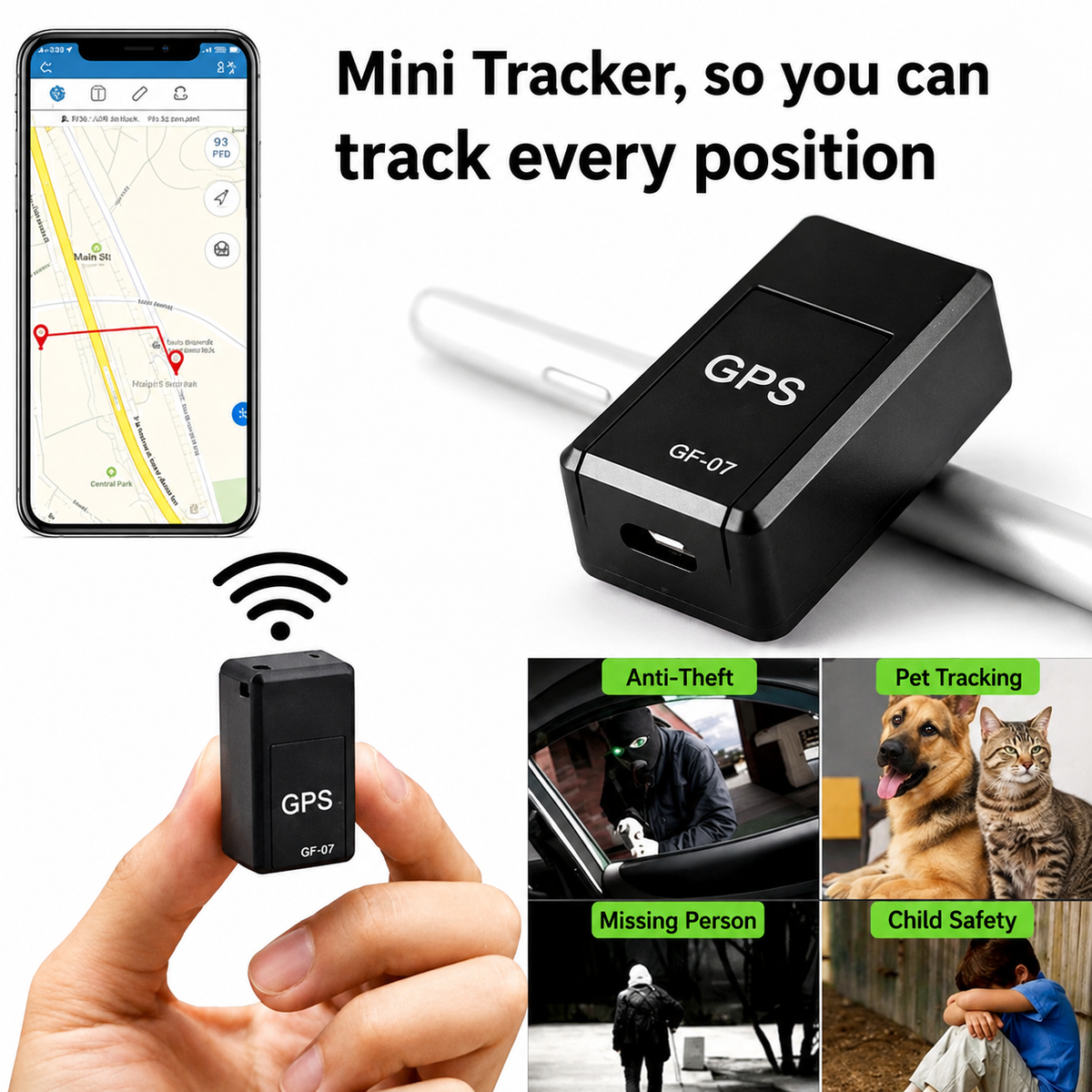 Collage of the black tracker held between finger and thumb, beside a phone map and use cases including pets, children and vehicles. 2