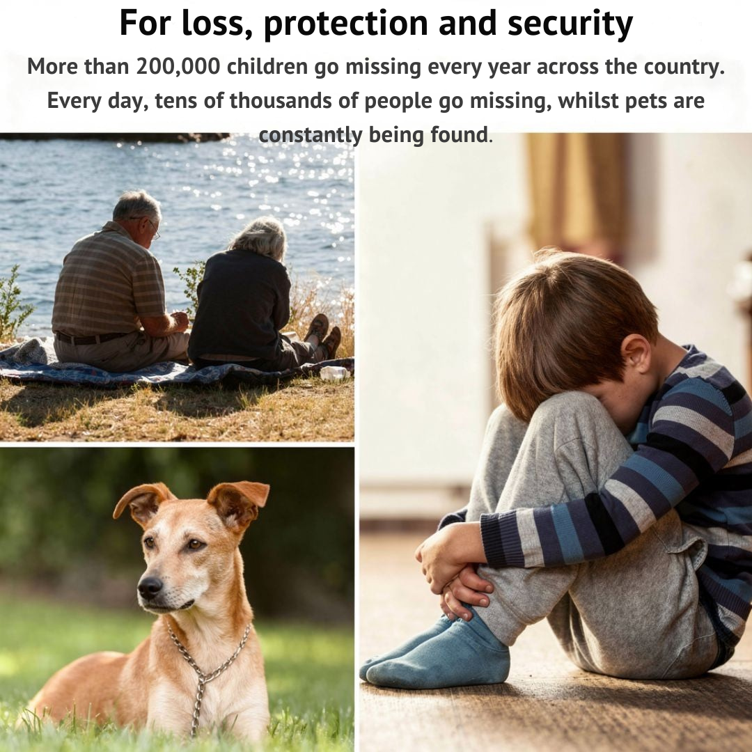 Lifestyle collage of an elderly couple by the water, a dog wearing a chain collar and a child hugging his knees indoors. 5