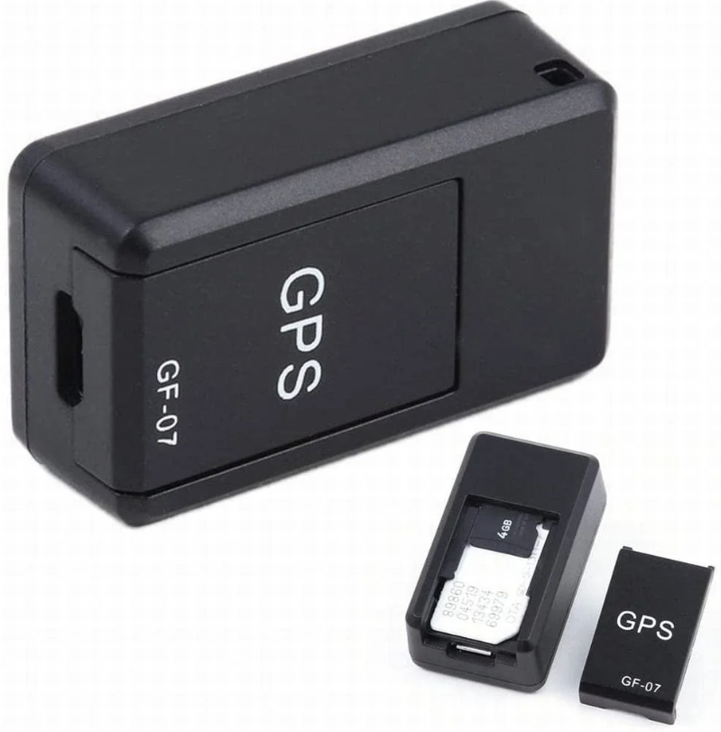 Black tracker shown closed, with a second view of the sliding cover removed to reveal the SIM and memory card slot. 6