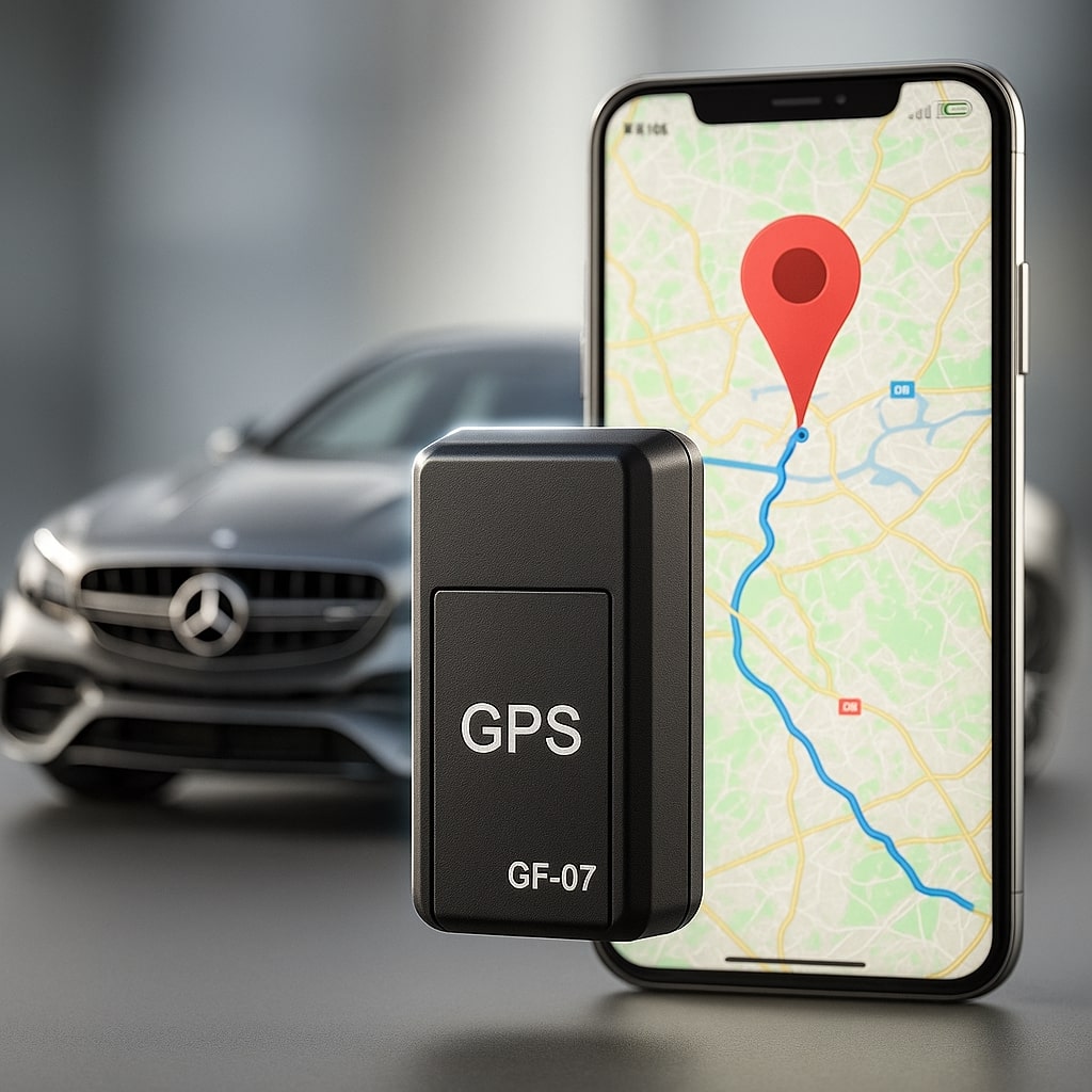 Small black tracker in front of a smartphone showing a map route with a red location pin, and a blurred car behind. 1