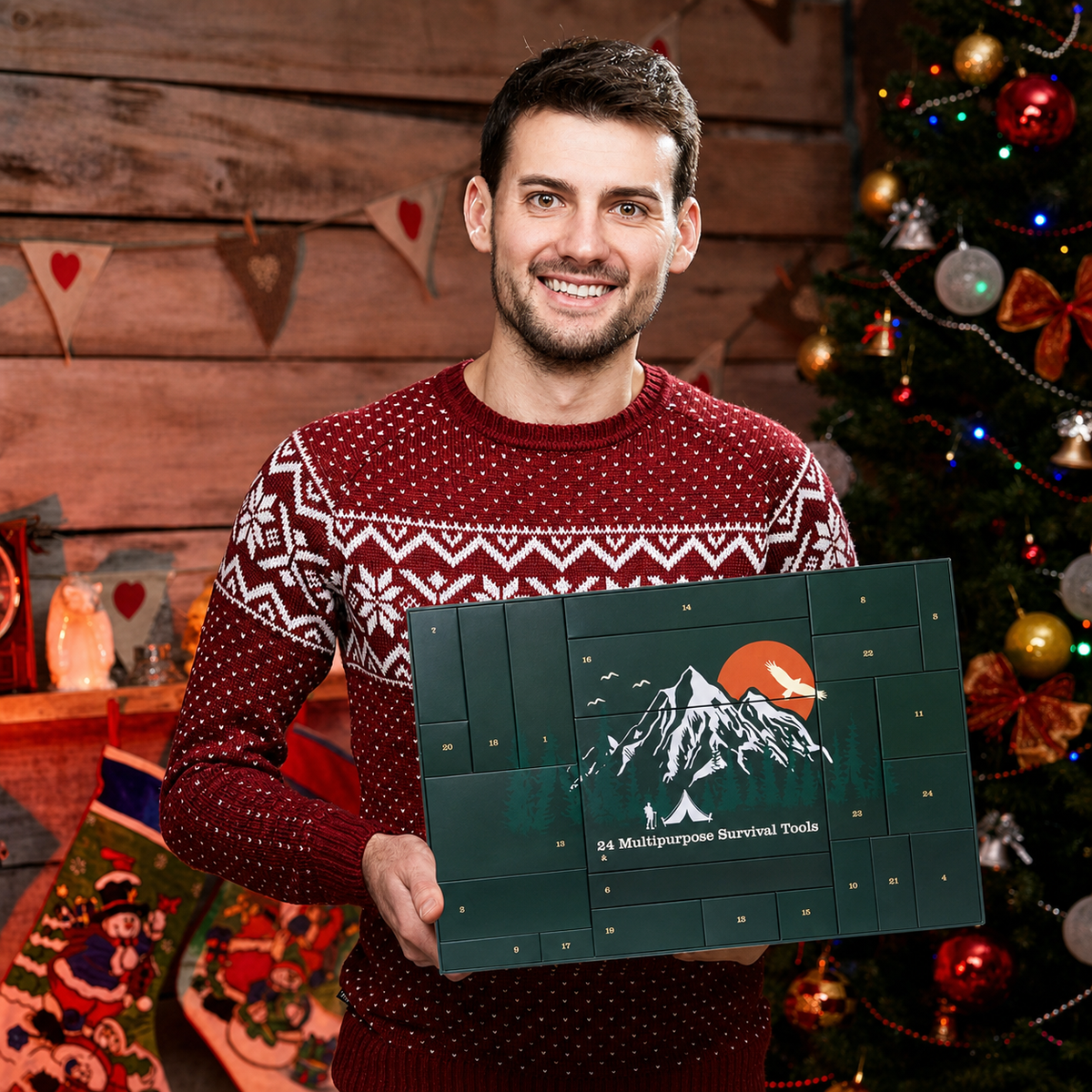 Smiling man in a red knitted Christmas jumper holding the green advent calendar box beside a decorated tree 9