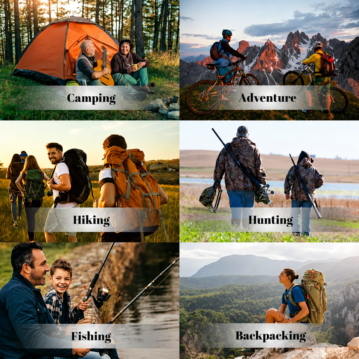 Six-panel collage of outdoor activities: camping, cycling adventure, hiking, hunting, fishing and backpacking 7