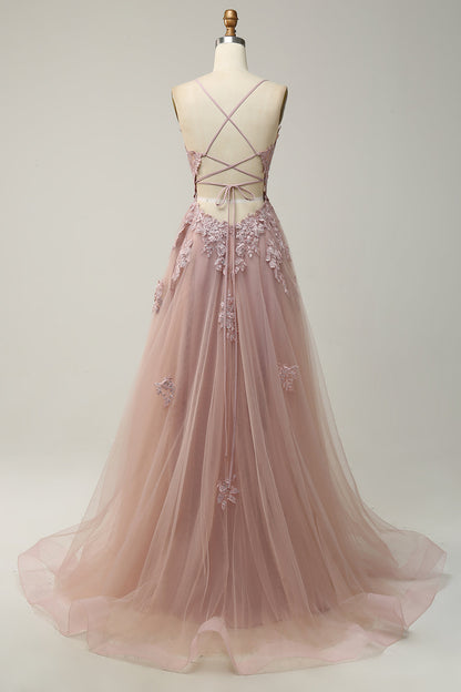 Stylish A-line Evening Dress with Spaghetti Straps and Lace-up Closure - Julia