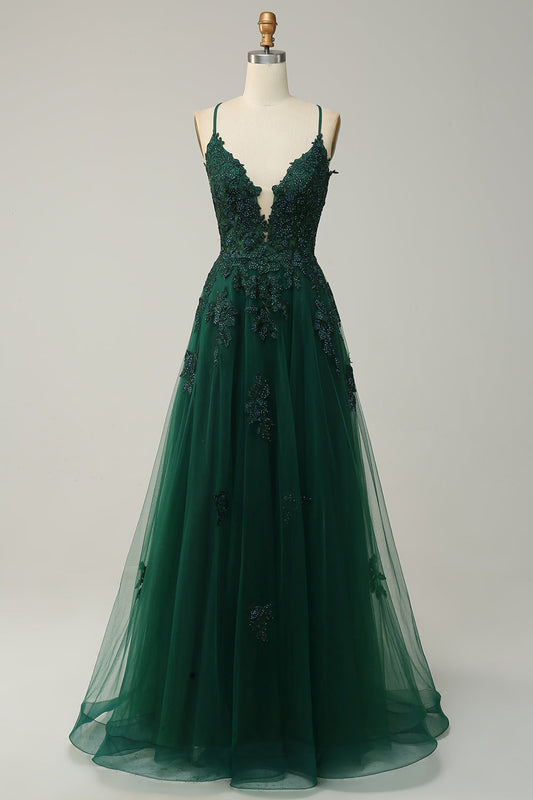 Stylish A-line Evening Dress with Spaghetti Straps and Lace-up Closure - Julia