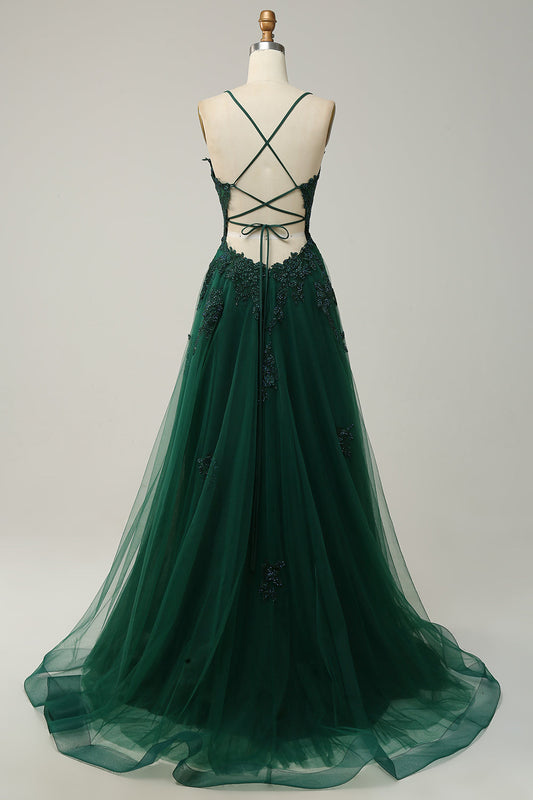 Stylish A-line Evening Dress with Spaghetti Straps and Lace-up Closure - Julia