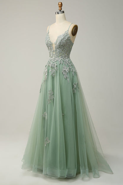 Stylish A-line Evening Dress with Spaghetti Straps and Lace-up Closure - Julia