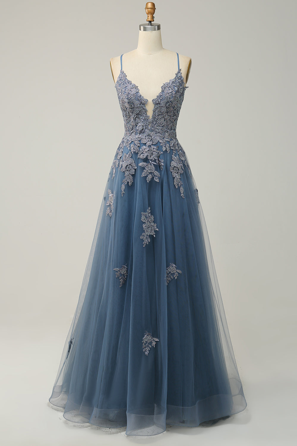 Stylish A-line Evening Dress with Spaghetti Straps and Lace-up Closure - Julia