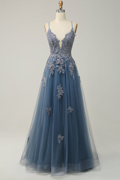 Stylish A-line Evening Dress with Spaghetti Straps and Lace-up Closure - Julia