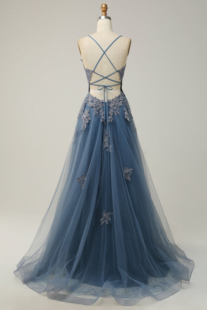 Stylish A-line Evening Dress with Spaghetti Straps and Lace-up Closure - Julia