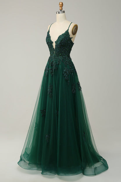 Stylish A-line Evening Dress with Spaghetti Straps and Lace-up Closure - Julia