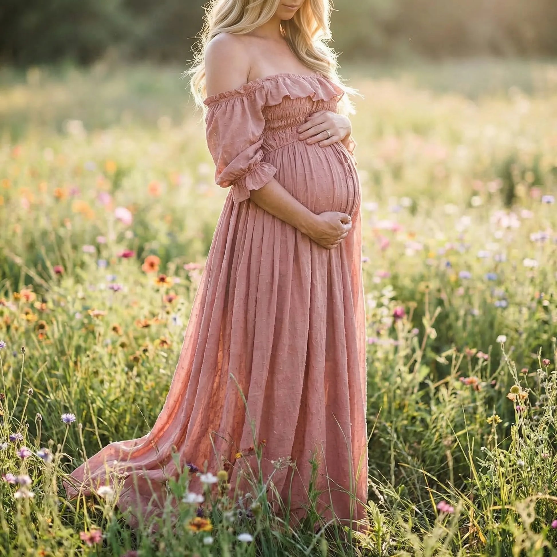 Gathered Waist Long Maternity Dress - Emily
