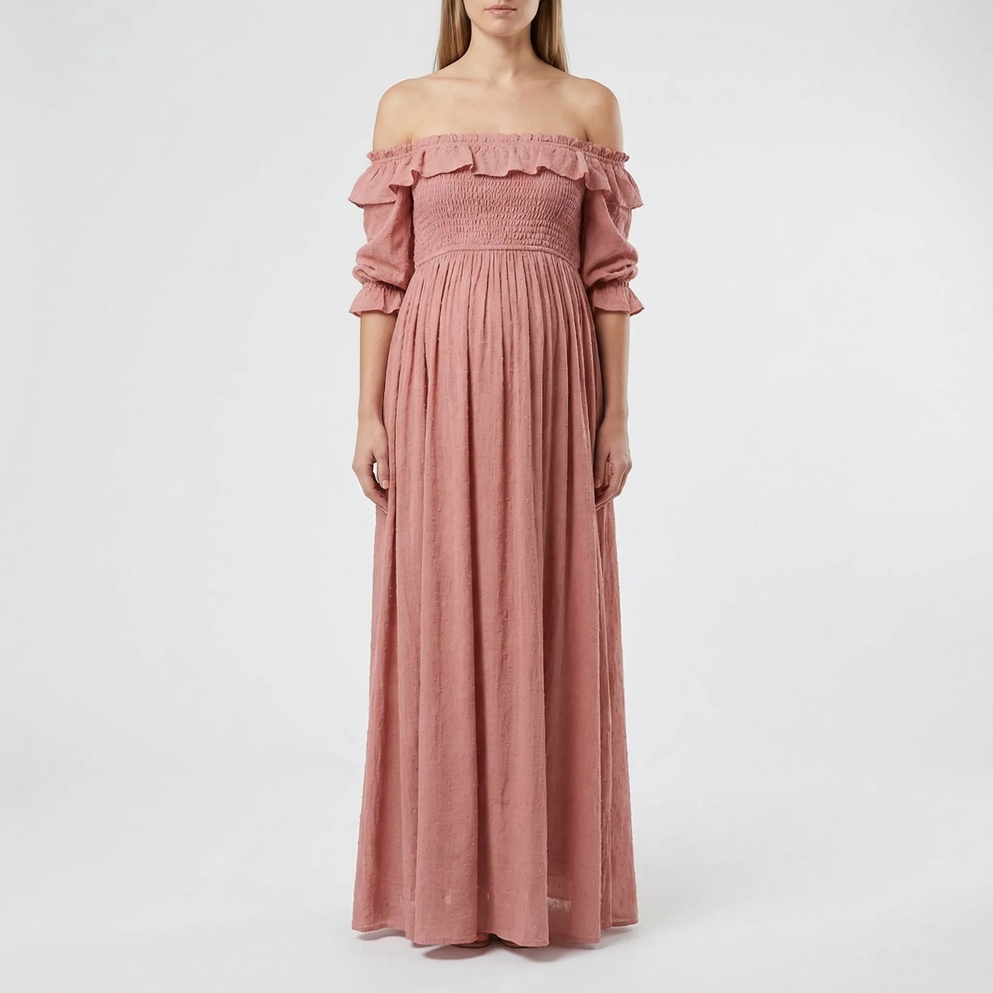 Gathered Waist Long Maternity Dress - Emily