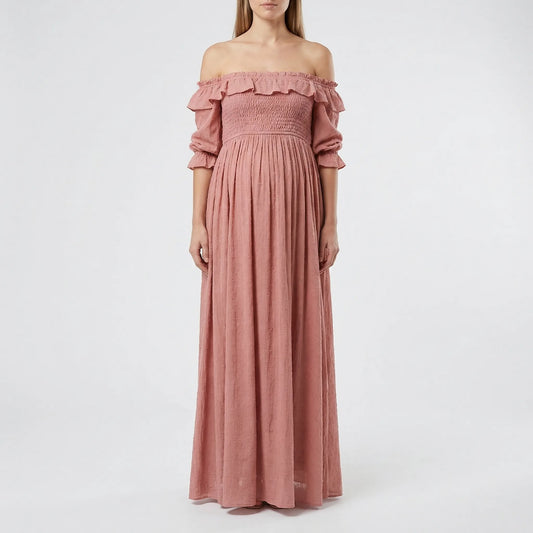Gathered Waist Long Maternity Dress - Emily