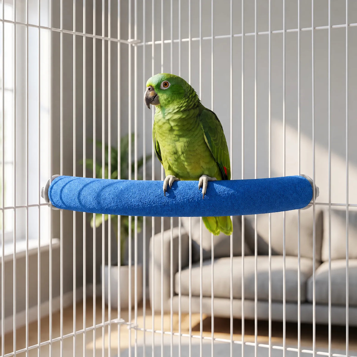 Green parrot perched on the blue sand-textured curved perch, fixed between the white bars of a cage in a living room. 2